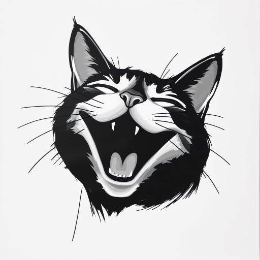 Abstract black and white acrylic portrait of an over exaggerated laughing (cat). Minimalism style. White background.