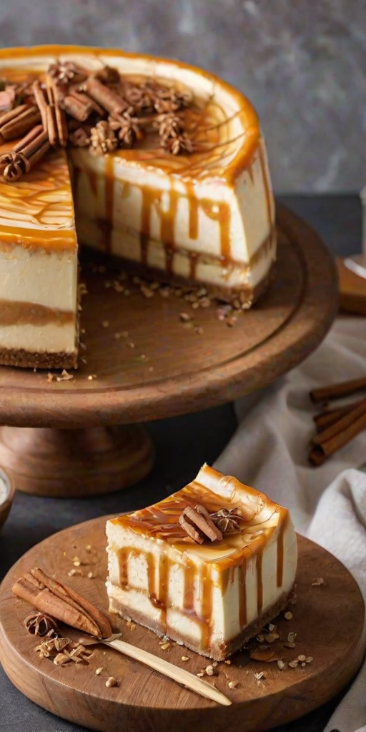 Create an image of a layered cheesecake with a smooth caramel topping. The cheesecake has three distinct layers in shades of caramel, cream, and brown. The top is decorated with a swirl of caramel and small golden sprinkles. The cheesecake is set on a wooden serving board, surrounded by cinnamon sticks and small decorative elements.