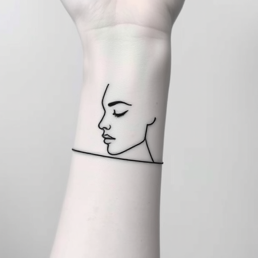 Minimalist line art body tattoo of a continuous one-line face profile wrapping around the wrist, executed in fine black ink for a delicate and modern aesthetic