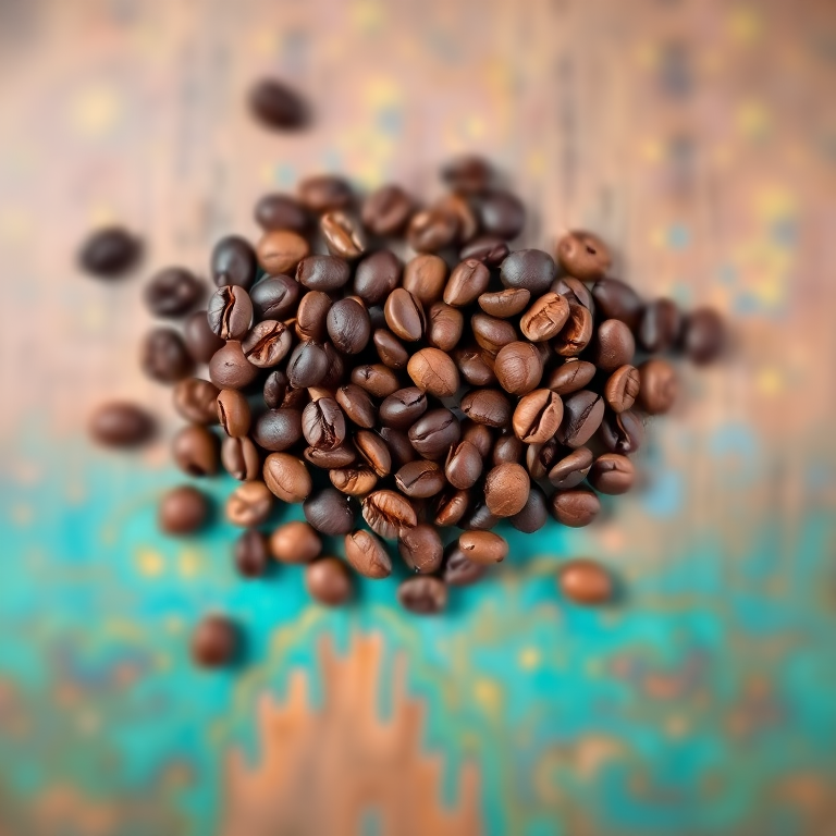 heart shape made of coffee beans with a blurred colorful background, taken with a Canon EOS R5, 50mm f/1.2 lens, aperture f/2.8, ISO 100, natural light, top-down view, high dynamic range, focus on coffee beans for enhanced texture and detail