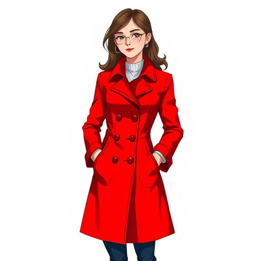 Generate an illustration of a woman wearing a bright red coat with buttons, standing confidently with her hands in her pockets, using a digital art style with a resolution of 300 DPI, 16:9 aspect ratio, angled slightly from the left, and emphasizing sharp lines and vibrant colors.