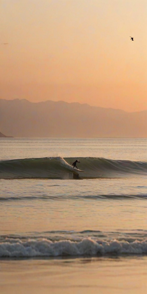 Blurry action shot of a surfer catching a wave at sunrise, soft orange light reflecting off the water, with distant seagulls flying overhead and a peaceful beach barely visible in the background.
