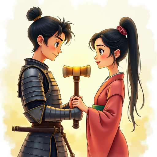 A watercolor and ink-painted, detailed line drawing of a young samurai in armor with black hair, clean-shaven, big eyes, and a large smile, standing next to a beautiful woman in a kimono. Both are holding the shaft of a warhammer together, with the head of the warhammer now adjusted to the proper size. They are the same height and look at each other with affection. The samurai is glowing with a yellowish aura, radiating warmth. The scene has a whimsical, adventurous feel in a Disney-Pixar aesthetic, with soft watercolor tones, intricate ink details, and a magical, cinematic atmosphere