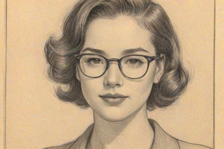 Sublime Peyton Elizabeth Lee, pencil sketch, portrait of Delightful woman 1934s in glasses, hair style beatnik, outline, clear lines, fine lines, 8k