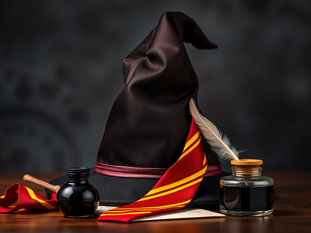 Create a high-resolution image of a magical sorting hat with a red and yellow striped tie, a feather quill, and an ink pot, captured with a DSLR camera at f/2.8, ISO 100, 50mm lens, with a soft focus background for depth, using studio lighting for vivid colors.