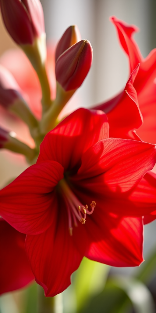 Close-up of vibrant red amaryllis flowers with soft bokeh background, aperture f/2.8, shutter speed 1/100s, ISO 200, 50mm lens, taken with a DSLR camera in natural light.