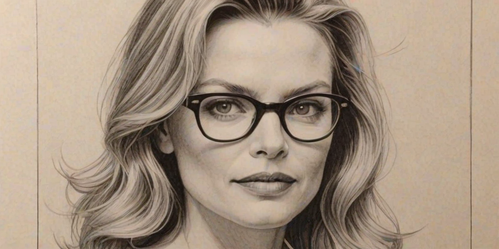 Gorgeous Michelle Pfeiffer, pencil sketch, portrait of Pleasing woman 1941s in glasses, hair style beatnik, outline, clear lines, fine lines, 8k