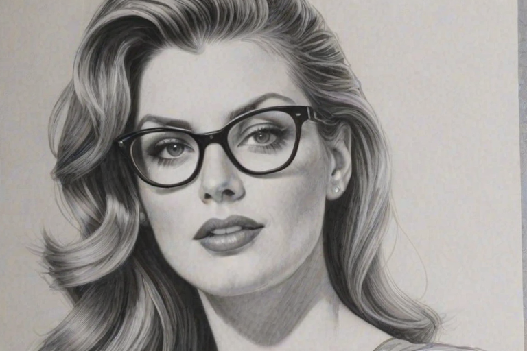Radiant Diora Baird, pencil sketch, portrait of Ravishing woman 1951s in glasses, hair style beatnik, outline, clear lines, fine lines, 8k