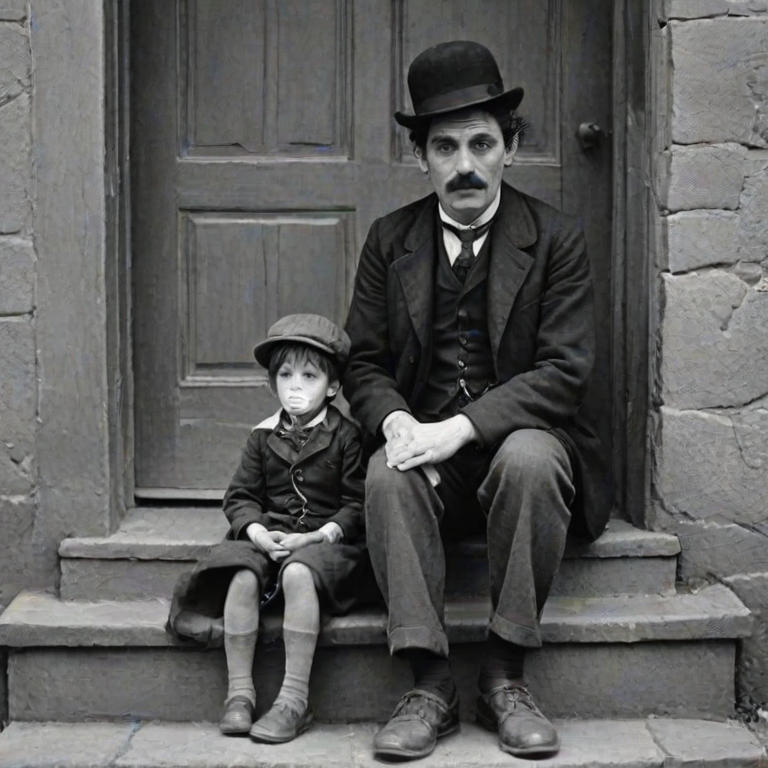 A black-and-white photograph of a man and a child sitting on steps in front of a doorway. The man is dressed as a tramp with a bowler hat, mustache, and ragged clothes, reminiscent of Charlie Chaplin's iconic look. He is sitting with his arms crossed and an expression of slight sadness or frustration. Next to him is a young boy, also in worn clothes and a cap, sitting with his hands clasped, looking thoughtful. The background is an old, textured wall and a partially open door, creating a vintage, early 20th-century atmosphere.