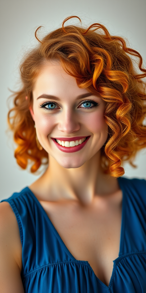portrait of a smiling woman with red curly hair and bright blue eyes wearing a blue dress, soft lighting, 50mm lens, f/2.8 aperture, ISO 100, shallow depth of field, high resolution, shot in a bright studio setting