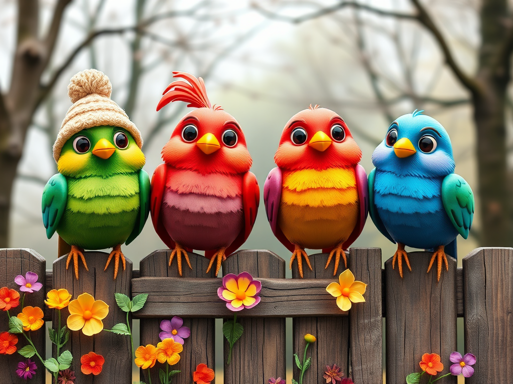 create a scene of 4 quirky  whimsical colourful comical birds each with a funny expression. they are sat on a wooden fence with colourful flowers. they are all different sizes. each one is a different colour  one is wearing a woolly hat. Each one has a different quirky google expression and there is a muted background of trees watercolour paintierly style high definition 8k resolution 3D paper mache