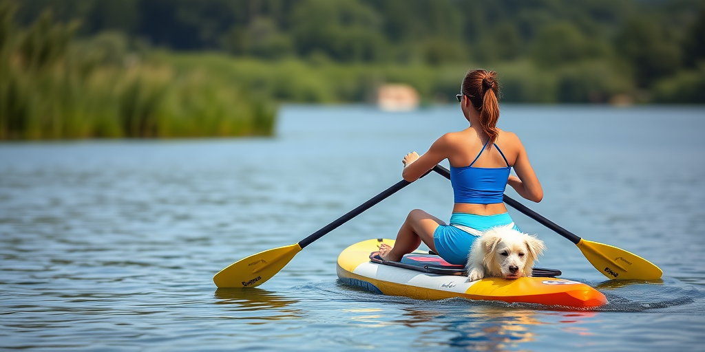 a woman in a blue tank top and shorts paddle boarding on a lake with a white dog beside her, surrounded by greenery, captured with a Canon EOS R5, 85mm lens, f/2.8 aperture, ISO 200, shutter speed 1/1000 sec, natural light, vibrant colors and sharp focus on subject