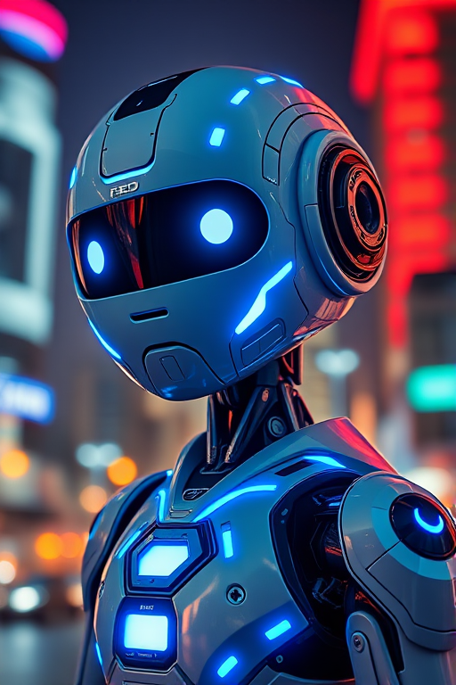 Create a futuristic robot character with glowing blue accents and friendly features, set against a vibrant cityscape at night, using a Canon EOS R5 with a 50mm lens, f/1.8 aperture, ISO 100, and a depth of field effect to create a bokeh background.