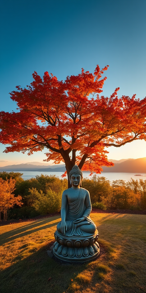 Generate a serene landscape featuring a serene Buddha statue under a vibrant autumn tree with colorful leaves, set against a tranquil lake and distant mountains, captured with a Canon EOS R5, 50mm lens, f/1.8 aperture, ISO 100, during golden hour for enhanced warm lighting and depth.