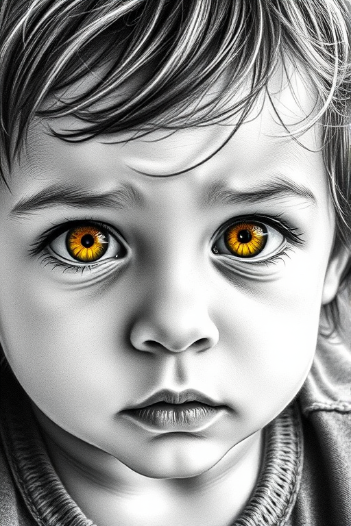 A hyperdetailed photorealistic black and white sketch of a beautiful toddler with deep Yellow eyes, with a macro focus