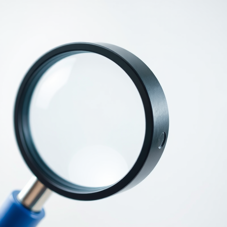 Create a high-resolution vector illustration of a magnifying glass with a circular lens and a blue handle, using a macro lens effect, shot from a slightly elevated angle, with a soft focus background to enhance detail and clarity.