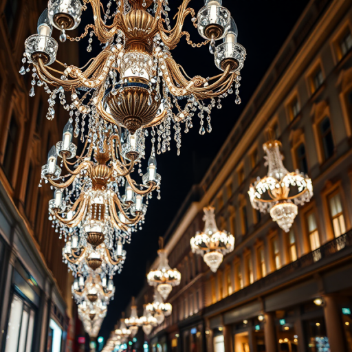 capture a nighttime street scene featuring ornate chandeliers made of lights hanging above, well-lit buildings in the background, focus on the intricate details of the chandeliers, use a DSLR camera with a 50mm lens, aperture set to f/1.8, ISO 400, shutter speed 1/60s, shoot from a low angle for dramatic perspective