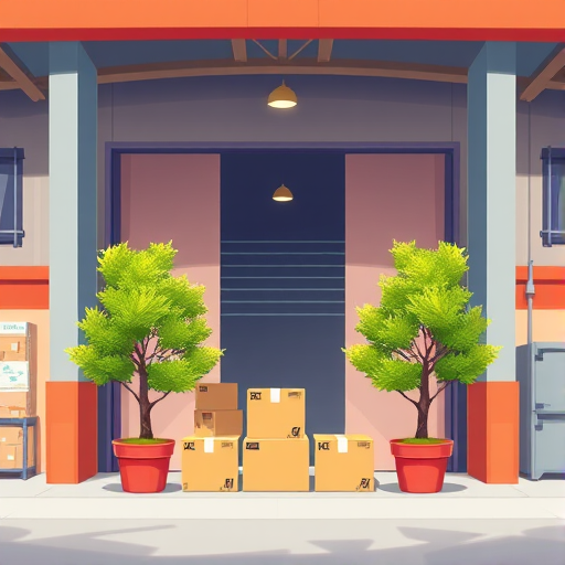 Create a vibrant illustration of a modern warehouse with two potted trees in front and three cardboard boxes at the entrance, using a 50mm lens, aperture f/2.8, ISO 100, with a slight tilt-shift effect to enhance depth and clarity.