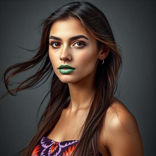 Photographic image of a beautiful young Aztec woman, orange eyes, lips with green lipstick, long hair fluttering in the wind and wearing a silk strapless dress with a soft purple and orange print. monochrome image with only color highlights in the iris of the eyes, lipstick and dress. Gray background.
