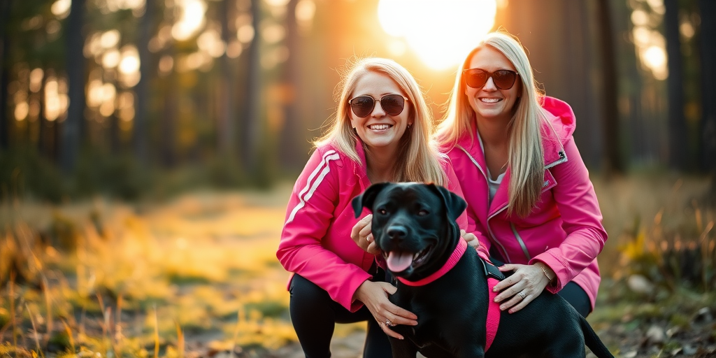 Capture a vibrant outdoor scene of a woman with long blonde hair wearing a pink jacket and sunglasses, kneeling next to a black dog in a pink harness, with a blurred forest in the background at golden hour, using a Canon EOS R5, 85mm lens, f/1.8, ISO 200, 1/200 sec, shooting in portrait orientation to enhance depth of field and detail.