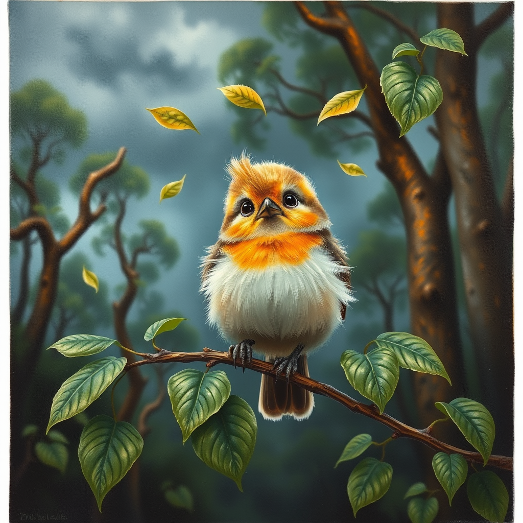 airbrushed oil painting,  a cute little bird, sitting on a branch with lush leaves, startled eyes, his feathers ruffled and blown up, leaves in the air, background bending trees in a forest, storm clouds