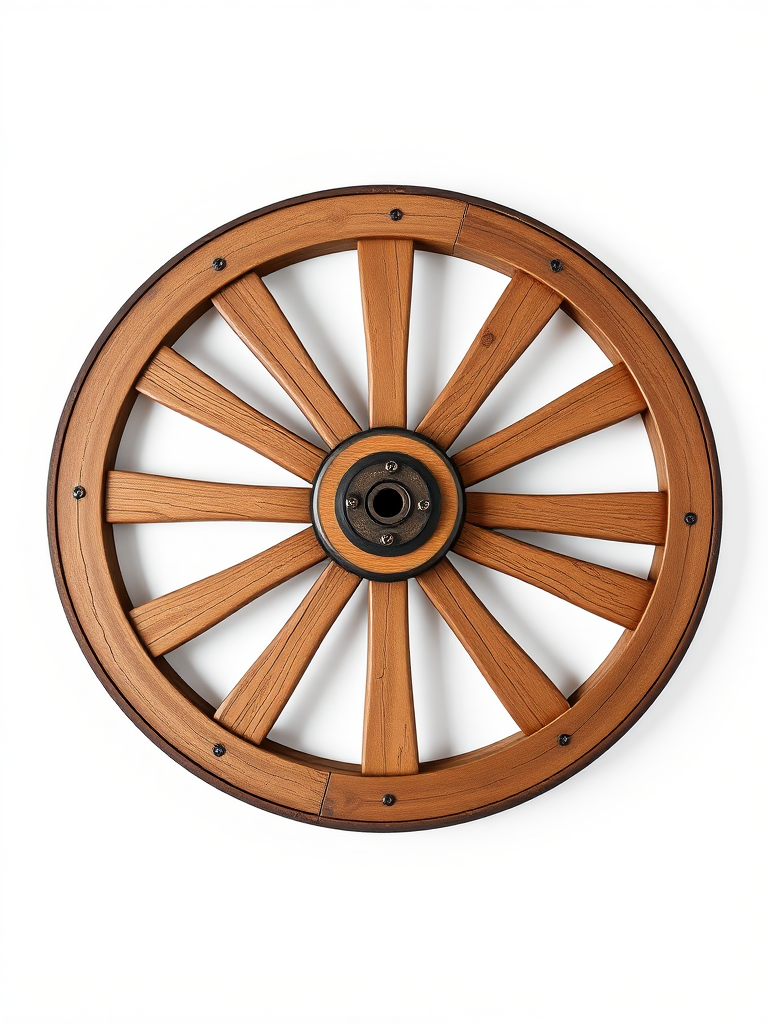 Create a high-resolution image of a wooden wagon wheel with 12 spokes, centered on a white background, using a DSLR camera with a 50mm lens, aperture set to f/2.8, ISO 100, and a shutter speed of 1/125 second, in a top-down view for enhanced detail and depth.