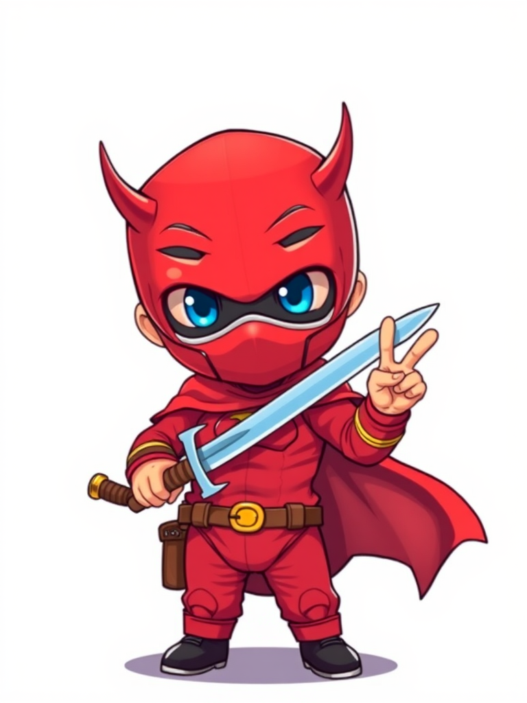Create a vivid illustration of a chibi superhero character with a red mask and costume, holding a sword, making a peace sign, with a white background, using a Canon EOS R5 camera, 50mm lens, f/1.8 aperture, 1/200s shutter speed, ISO 100, capturing vibrant colors and sharp details.
