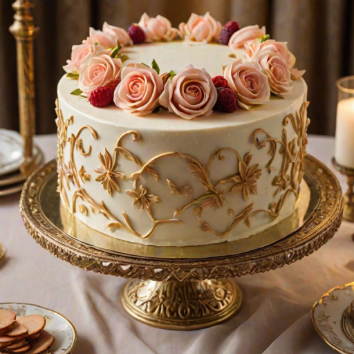 Create an image of a beautifully decorated cake on an ornate cake stand. The cake should have a floral design on top, with a light golden color and sliced almonds around the sides. There should be a slice taken out, revealing layers with a rich berry filling. The background should be softly lit with elegant drapery and a hint of greenery, creating a warm and inviting atmosphere.