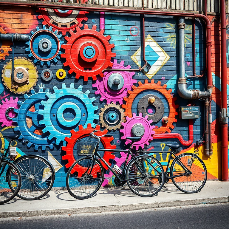 Generate a vibrant urban scene featuring a wall mural with gears and pipes, bicycles parked in front, captured with a DSLR camera at f/2.8 aperture, ISO 200, 24mm lens, shot in natural light from a low angle to enhance depth and detail.