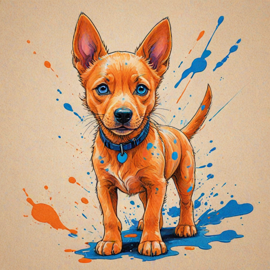 A vibrant childs coloured pencil drawn illustration of a bright orange dog with large, expressive blue eyes, a very cute style. The dog appears to be walking towards the viewer, surrounded by an abstract splash of colors and fine black lines, giving the image a dynamic and artistic flair. The background is a soft beige, highlighting the cat's vivid coloration and playful demeanor. Naively drawn scratchy line style.
