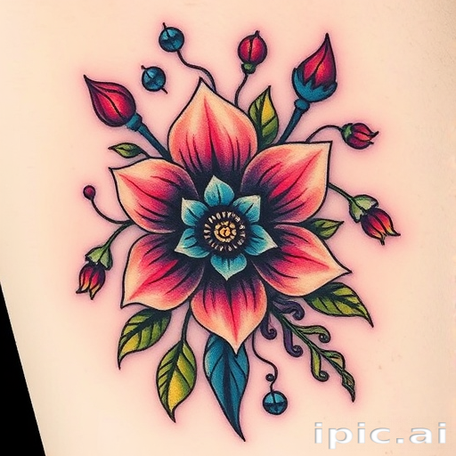 Neo-traditional tattoo titled "Enchanted Bloom" showcasing a stylized floral arrangement with bold outlines, vivid color gradients, and whimsical decorative elements inspired by Art Nouveau designs