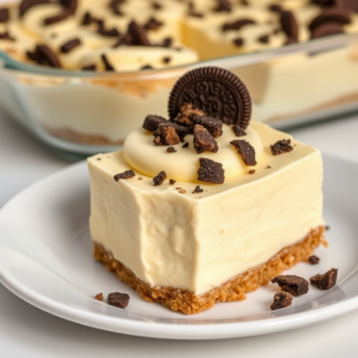 Create an image of a creamy dessert with a graham cracker crust topped with crushed cookies on a white plate. The dessert should have a smooth, pale yellow filling, and the background should show a slightly blurred view of more dessert in a glass dish. The lighting should be bright and inviting, emphasizing the texture of the crust and the creamy filling.