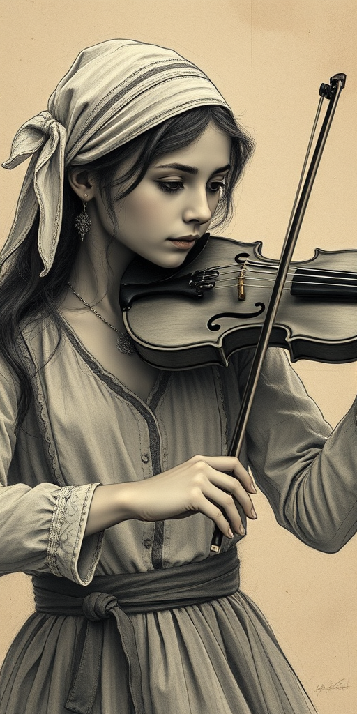 a young Ashkenazi woman with a white headband playing a violin, in the style of a charcoal drawing, sepia grunge background
