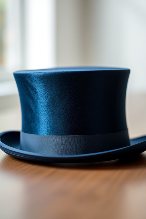 generate a high-resolution image of a navy blue top hat with a sleek, smooth texture, captured in soft natural lighting with a shallow depth of field using a Canon EOS 5D Mark IV, 50mm lens, f/1.8 aperture, ISO 100, positioned at eye level, background softly blurred to emphasize the hat.