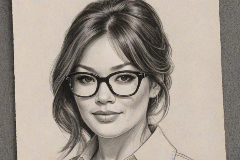 Superb Lindsay Price, pencil sketch, portrait of Charming woman 1969s in glasses, hair style beatnik, outline, clear lines, fine lines, 8k