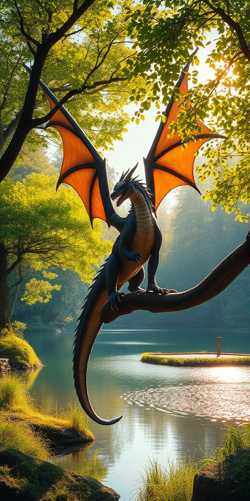 fantasy landscape featuring a majestic dragon perched on a branch, surrounded by lush green trees and a sparkling lake, golden sunlight filtering through the leaves, shot with a Canon EOS 5D Mark IV, 50mm lens, aperture f/2.8, ISO 100, HDR photography style, vibrant colors and high detail