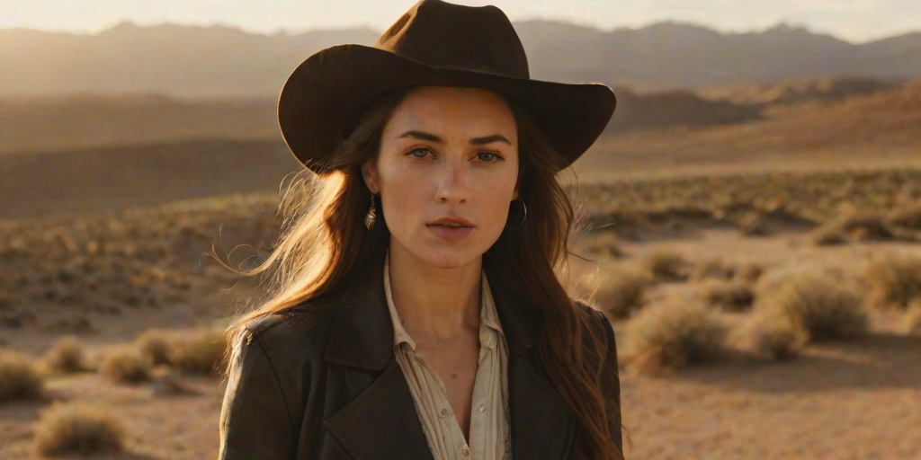 Dramatic photo of a beautiful Georgian woman, classic cowboy attire, confident and free spirit expression, half-length portrait, centered, golden hour desert landscape, warm, diffused light, low angle, medium format film camera, in style of Annie Leibovitz.