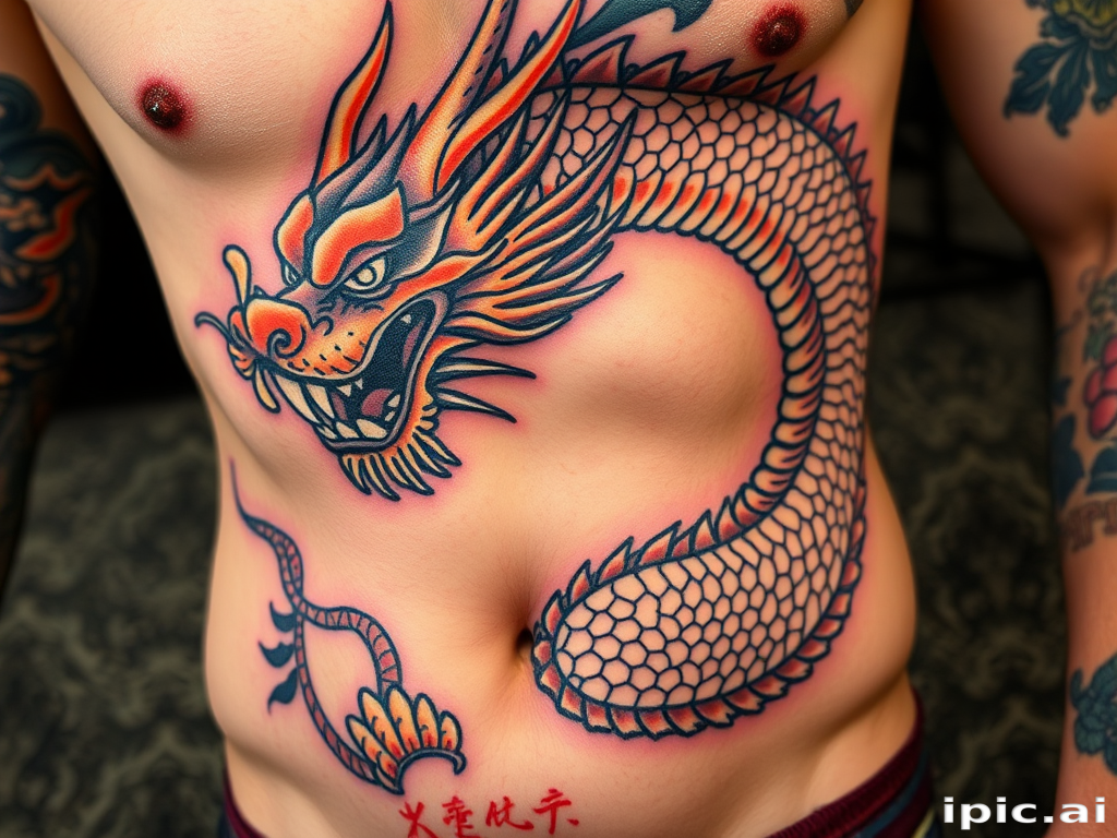 Powerful body tattoo portraying a fierce dragon winding around the torso, executed in a traditional Japanese style with bold colors and dynamic shading
