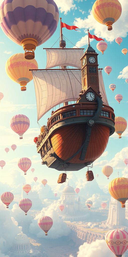 create a vibrant illustration of a whimsical steampunk airship sailing through a bright sky filled with hot air balloons, focus on intricate details of the ship with flowing sails and a large clock tower, use a wide-angle lens at f/8 for sharp focus, ISO 100 for clarity, and a 1/250s shutter speed to capture motion, apply a digital art style with soft pastel colors and dynamic lighting.