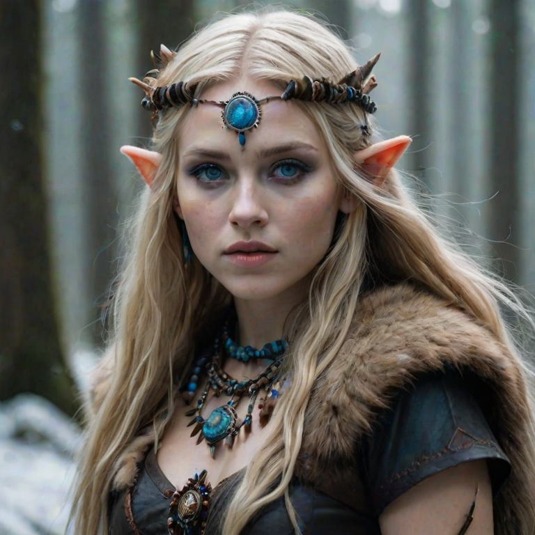 cinematic photo of a young Elf shaman woman, 19 years old, pale skin, blonde long hair, short small pointed ears, stunning beauty, (bright blue eyes), wearing furs and leather and intricately detailed tribal garb, beads, feathers, bones, candid shot, (sexy), petite fit body, real textured skin, intricately detailed eyes, wet hair, high contrast, subsurface scattering, outdoors, rain, overcast, foggy, fantasy world forest setting, warm rich dark color palette