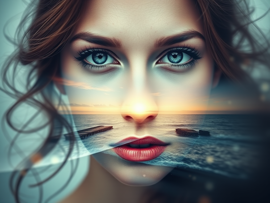 create Book cover, A surreal double exposure portrait that blends a woman's face with a beautiful seascape. The overall mood is dreamy and mystical, with rich colors and intricate details