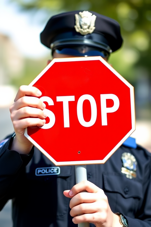 Generate a high-resolution vector image of a police officer holding a stop sign, captured with a DSLR camera at f/8 aperture, ISO 200, 50mm lens, natural lighting for enhanced clarity and detail.