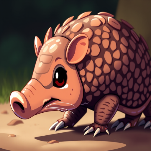 Create a high-resolution cartoon-style image of an armadillo with a glossy finish, captured in a soft-focus view using a DSLR camera with a 50mm lens, aperture set to f/2.8, ISO 100, and a slight vignette effect for depth.