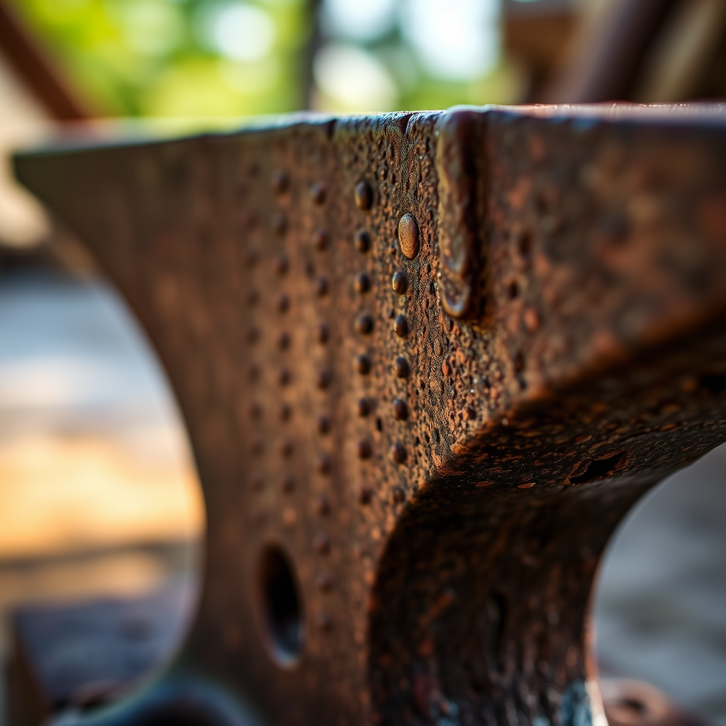 capture a close-up of a rustic anvil with detailed textures, natural lighting, f/8 aperture, 50mm lens, ISO 100, shallow depth of field, DSLR camera, standard view