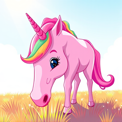 Create a vibrant cartoon-style illustration of a pink unicorn with a rainbow mane, grazing on a bright grassy field, captured with a Canon EOS 5D Mark IV, 50mm lens, f/2.8 aperture, ISO 100, taken from a low angle view to emphasize the unicorn's features and vivid colors.