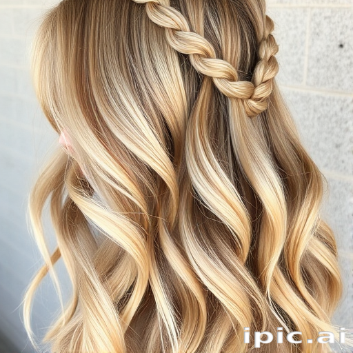 Bohemian hair style showcasing long golden blonde beach waves adorned with delicate braids and subtle sun-kissed highlights throughout