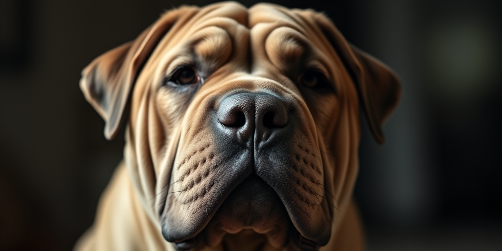 A close-up portrait of a Shar Pei dog with pronounced wrinkles, captured in soft natural lighting, with a shallow depth of field, using a DSLR camera at f/2.8, ISO 200, 85mm lens, focusing on the dog's expressive face against a blurred dark background.