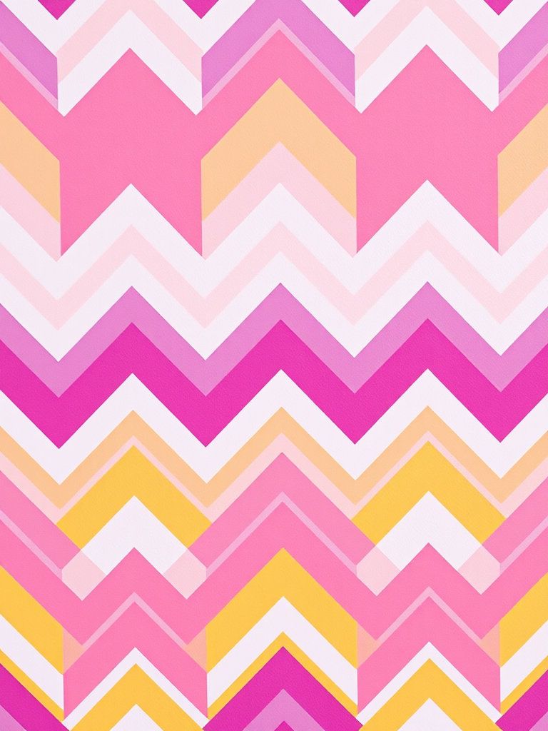 Create a vibrant zigzag pattern with alternating colors of pink, purple, yellow, and white on a flat background, using a DSLR camera with a 50mm lens, f/2.8 aperture, ISO 100, and a top-down view for clarity and sharpness.