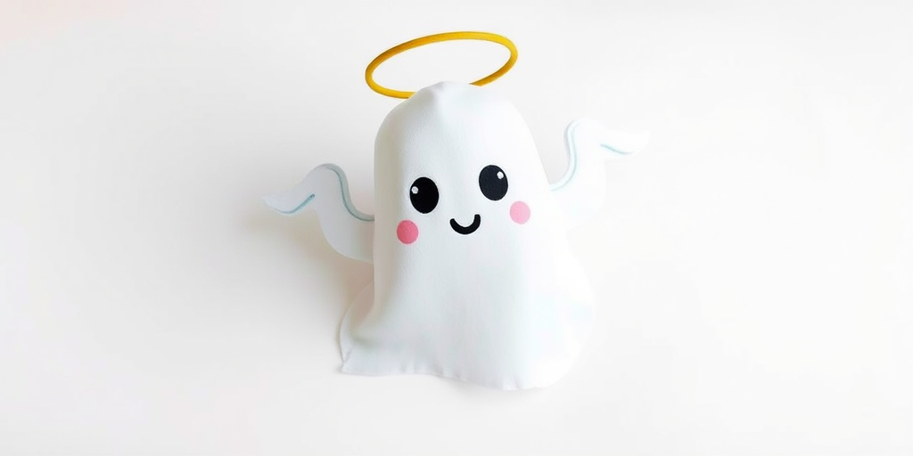 Create a cute ghost character with a halo and wings, set against a simple white background, using a DSLR camera with a 50mm lens at f/1.8, ISO 100, shooting in natural light, top-down view for a whimsical effect.