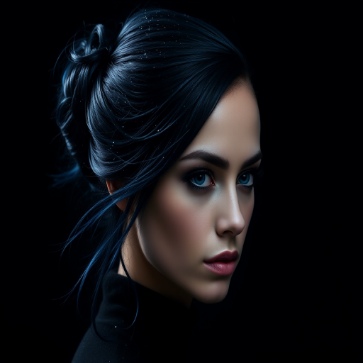 Mysterious dark portrait featuring Midnight Galaxy locks, deep blue-black base with subtle sparkles resembling stars, styled in a sleek updo